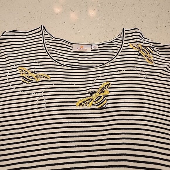 Quacker Factory Women's 3/4 Sleeve Knit Top Black White Striped Bees Size 3X - Picture 1 of 9